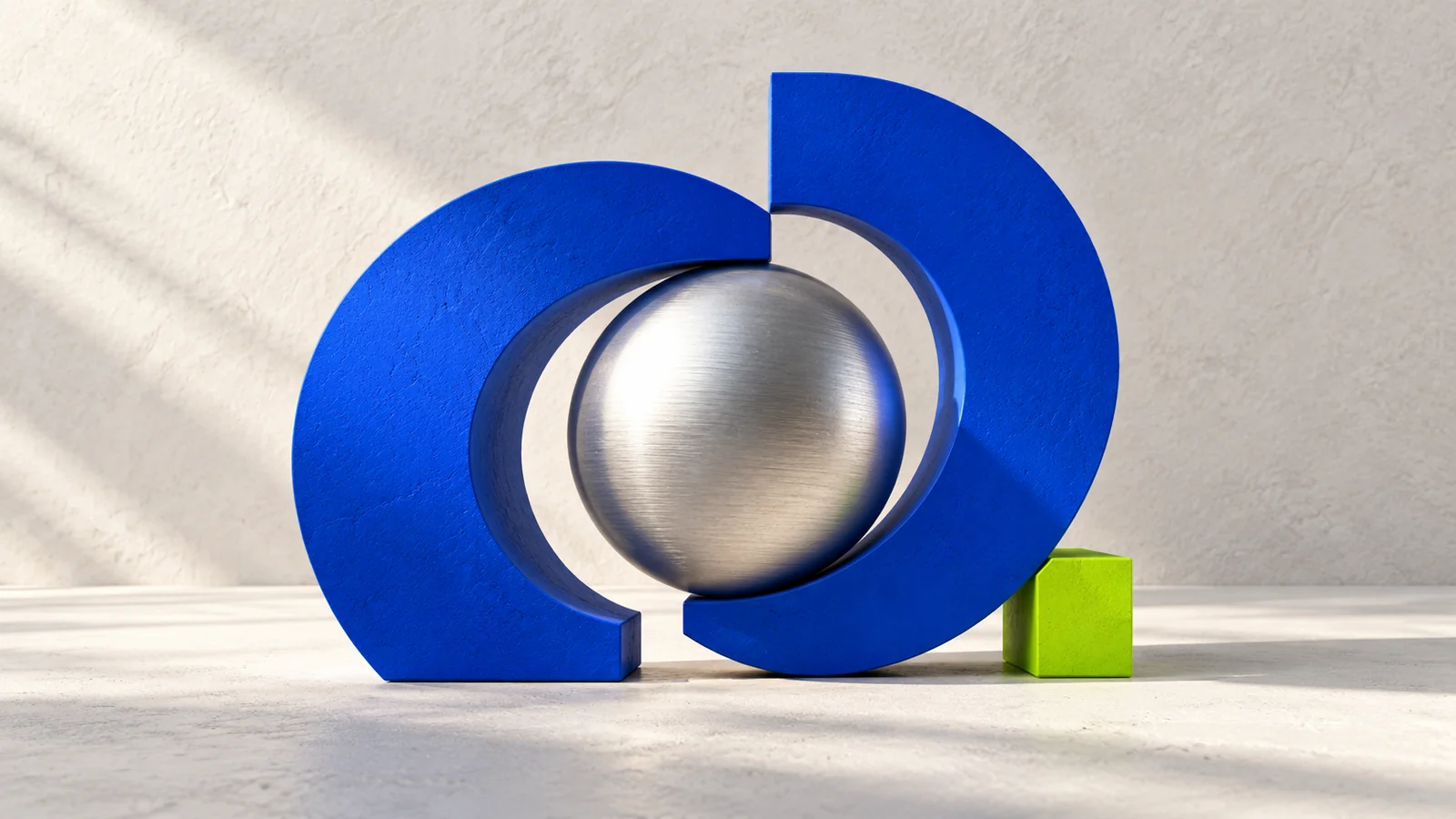 Cobalt sculptural arcs, brushed aluminium and a lime accent from the StudioWhole visual identity.