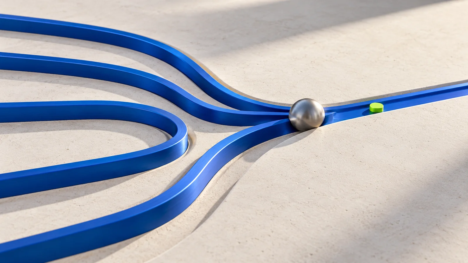 Cobalt rails converging into one clear path, with a brushed-aluminium sphere.