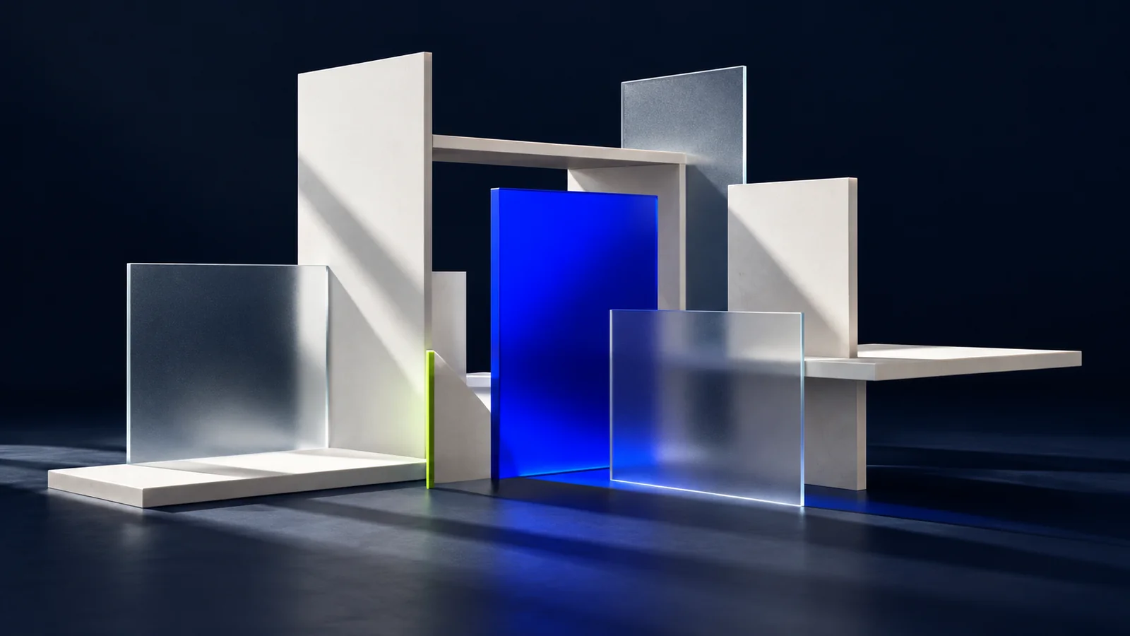 An architectural grid of white, glass and cobalt planes in a midnight-blue studio.